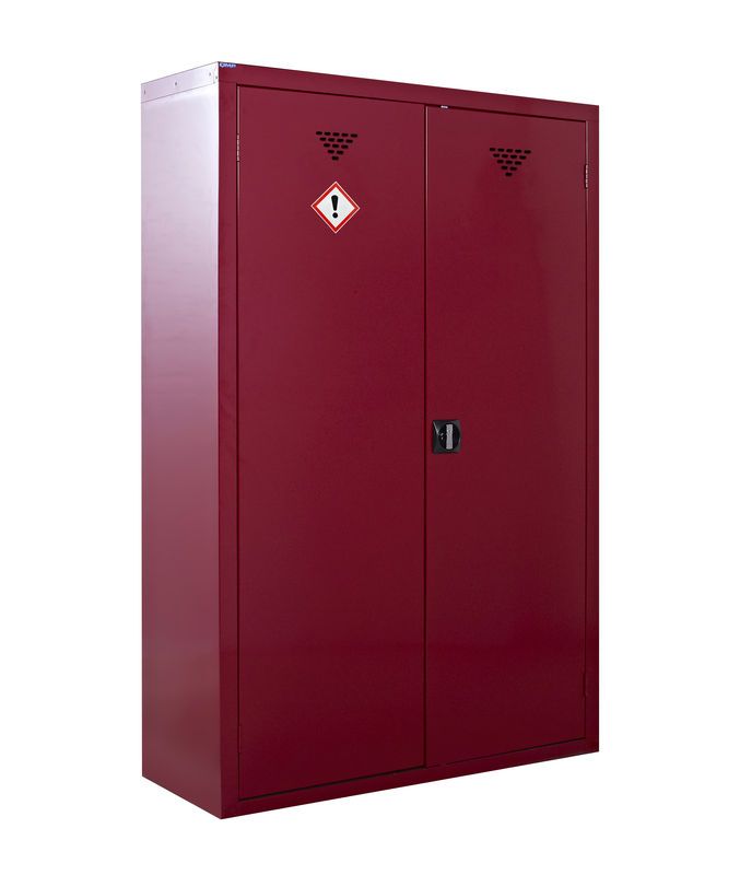A tall, red metal storage cabinet with two doors, a ventilation slot, a warning label, and a central locking handle.