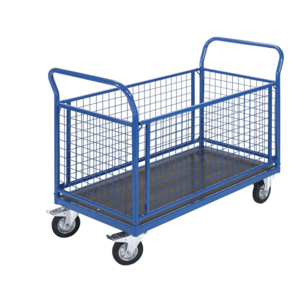 A blue metal utility cart with mesh side panels, a flat base, and four swivel caster wheels.