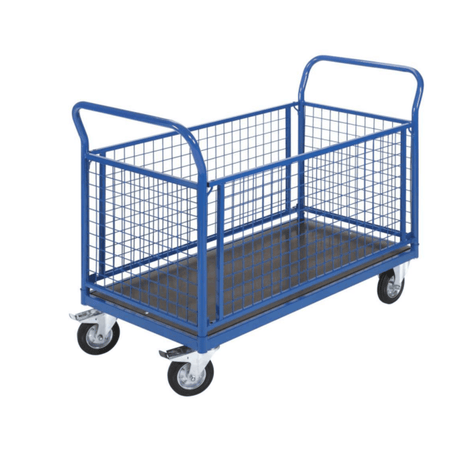 A blue metal utility cart with mesh side panels, a flat base, and four swivel caster wheels.