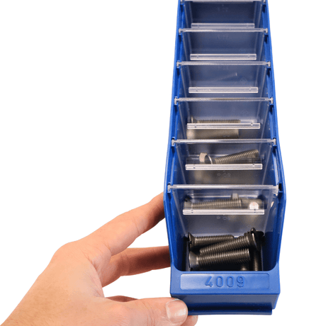 A blue plastic storage bin with a front handle and two internal dividers, placed on a white background.