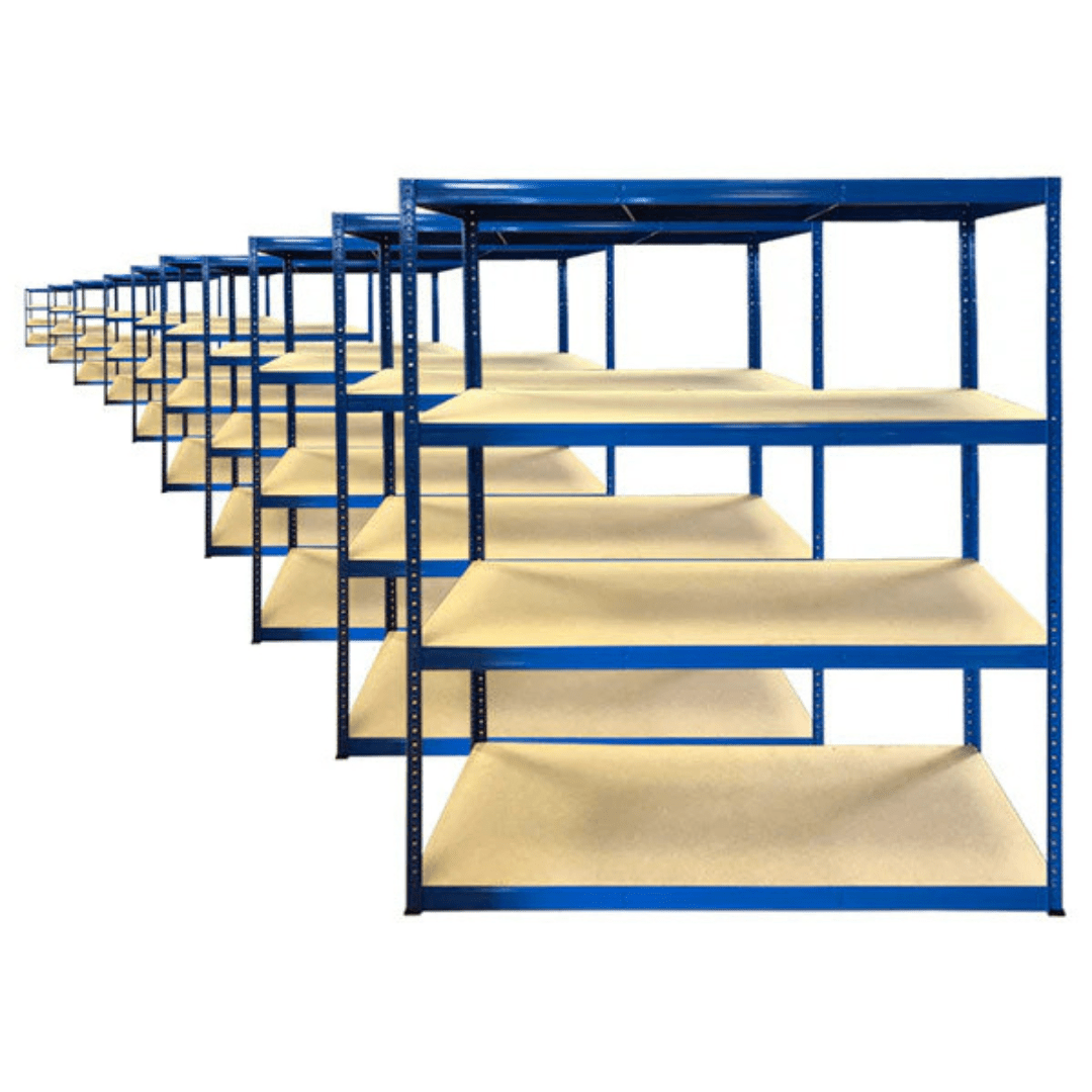 Rows of empty blue metal shelving units with wooden shelves are aligned in a staggered formation against a white background.