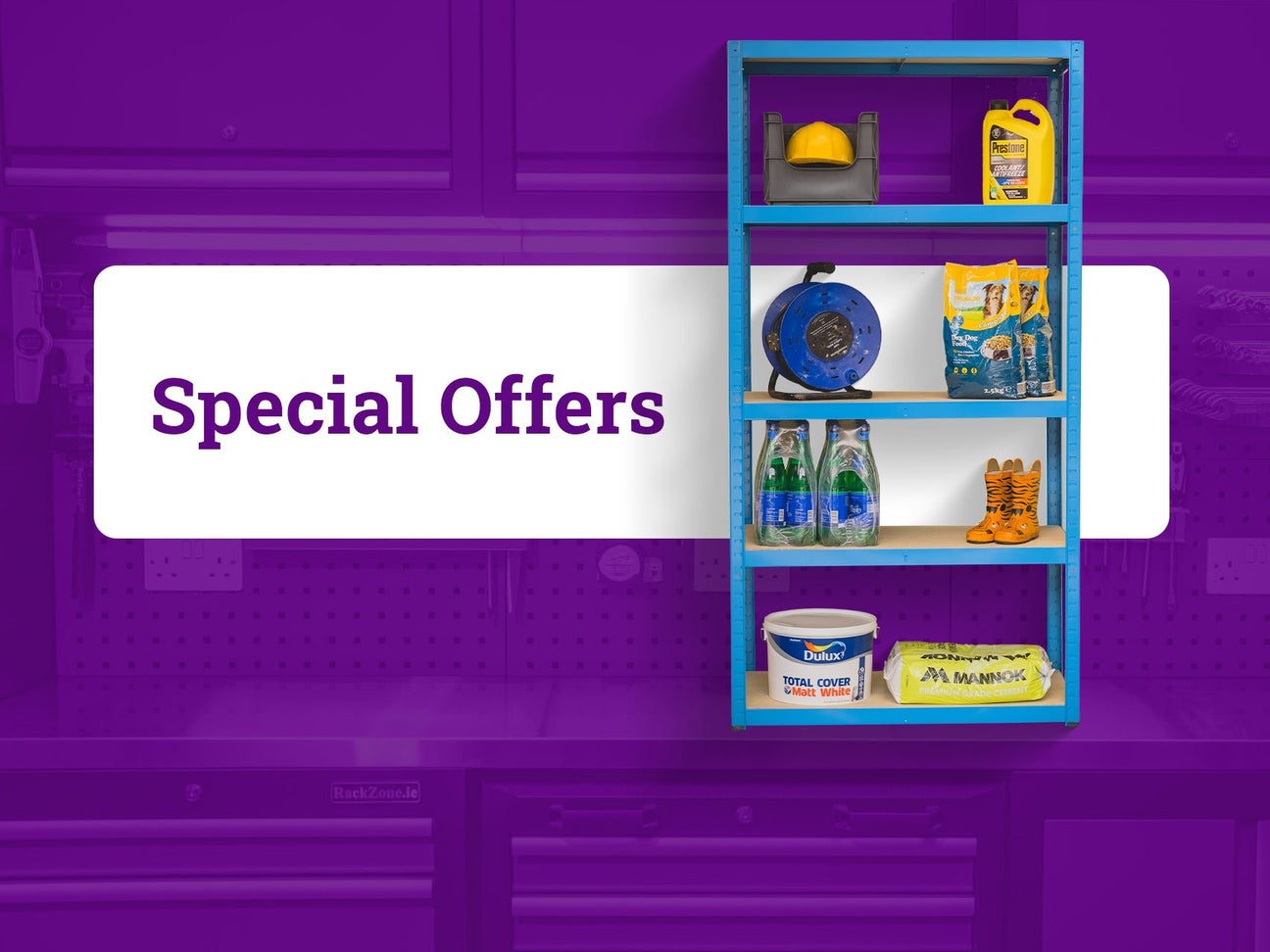 A blue shelving unit displays various products including a hard hat, tape, cat food, bottled water, paint, and cleaning supplies next to a "Special Offers" sign on a purple background.