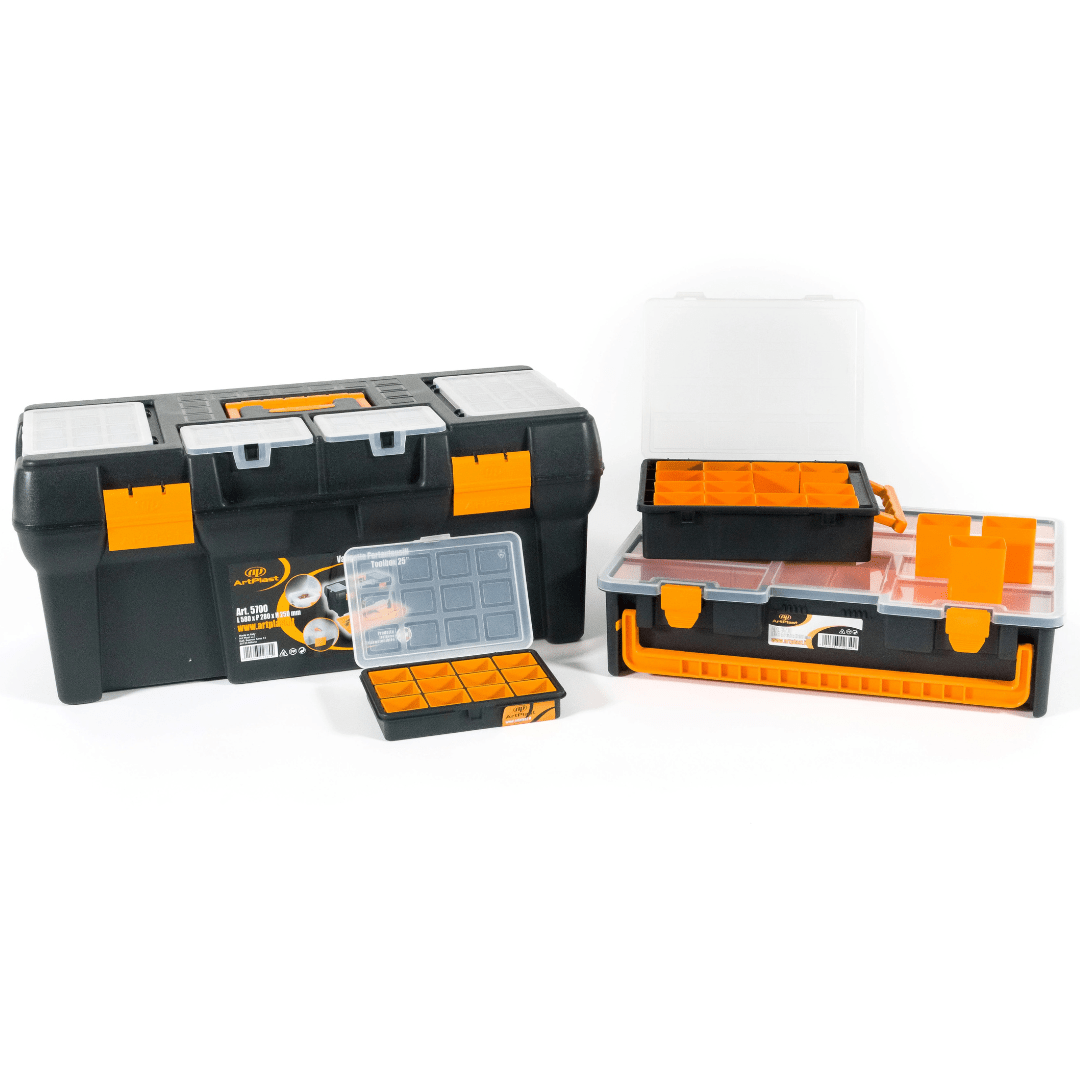 A black and orange toolbox set with multiple compartments and removable organizers, some open to show storage sections.