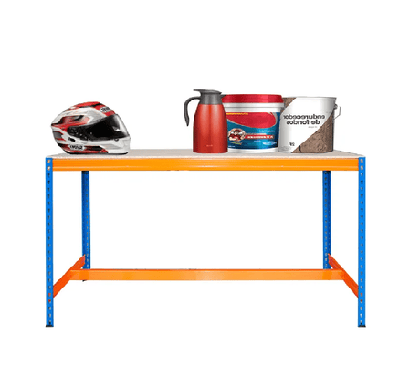 A sturdy workbench with a red helmet, a red thermos, a paint bucket, and a white bucket placed on top.