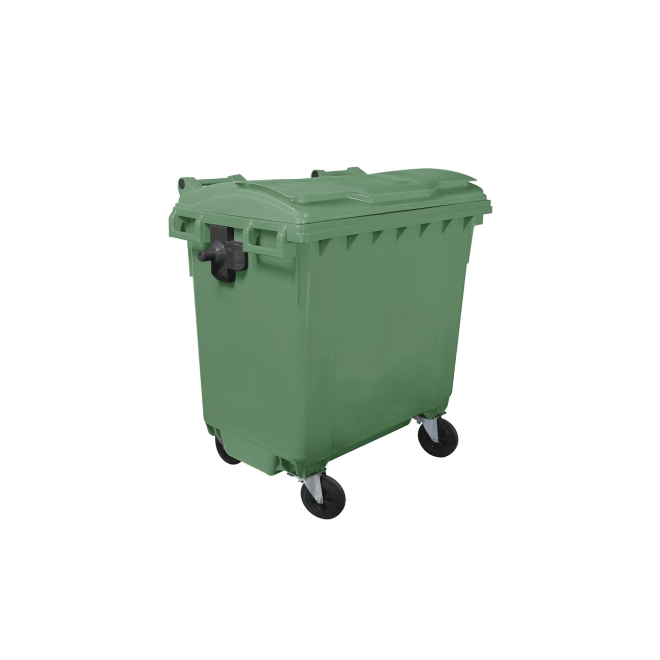 A large green wheeled garbage bin with a closed lid shown against a plain white background.