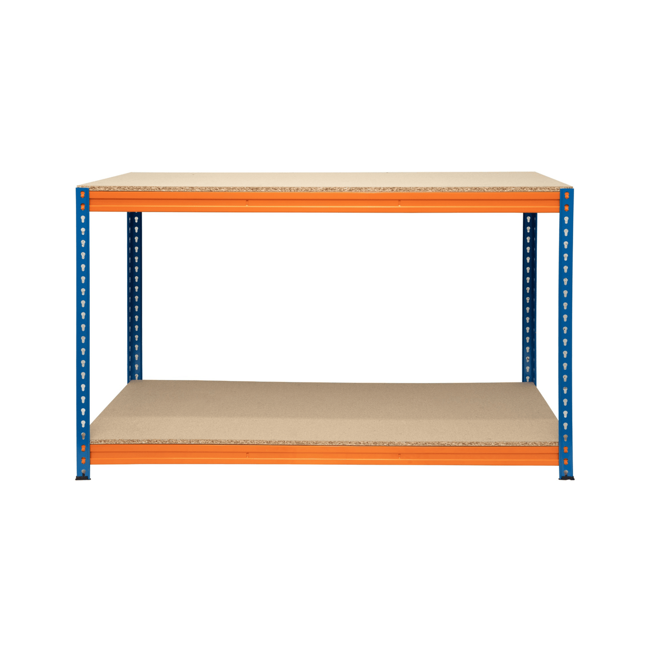 A heavy-duty metal shelving unit with blue frame, orange supports, and two wooden shelves, photographed against a white background.