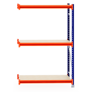 RackZone Longspan Shelving Extender, 600mm, timber shelves, blue/orange frame.