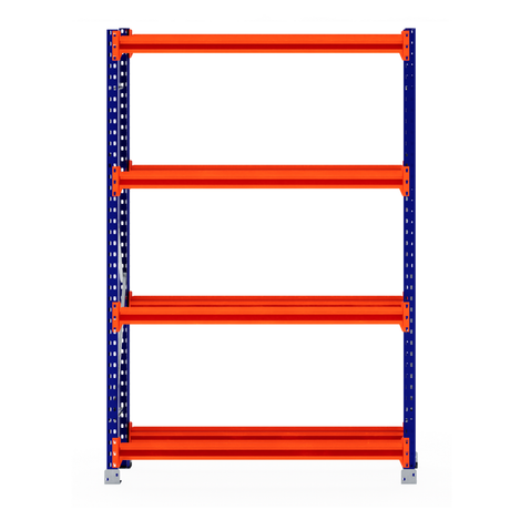 RackZone Tyre Racking 400mm Starter with 4 orange shelves and blue supports.