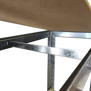 Close-up of RackZone Economy Shelving 1500h with wooden board, viewed below.