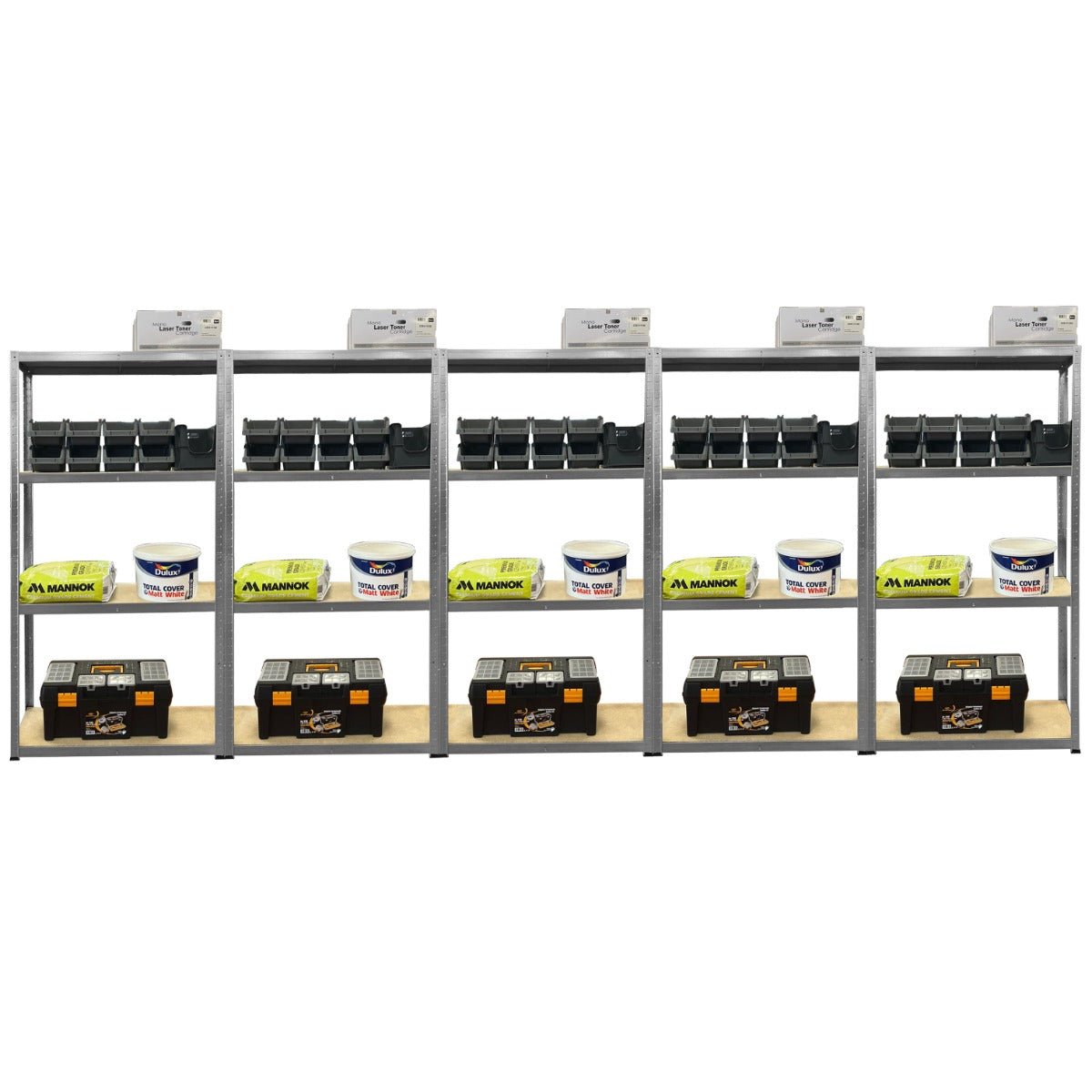 Four RackZone Economy Shelving units with storage boxes, trays, and toolboxes.