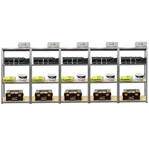 Four RackZone Economy Shelving units with storage boxes, trays, and toolboxes.