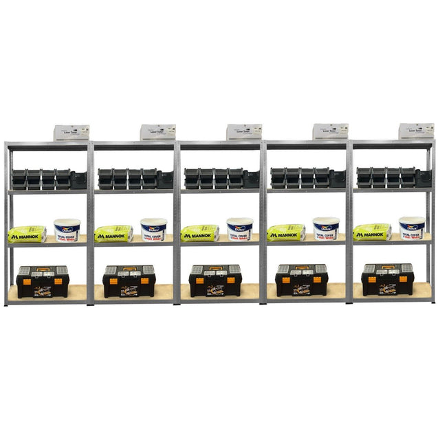 Four RackZone Economy Shelving units with storage boxes, trays, and toolboxes.