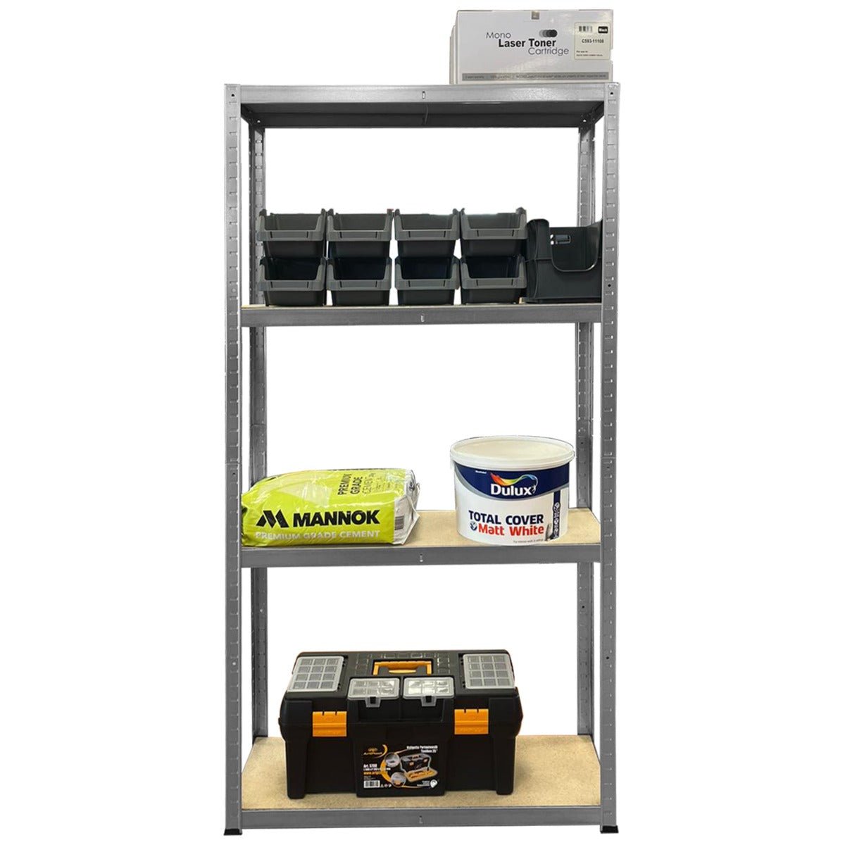RackZone Economy Shelving 5 Bay with storage boxes for office use.