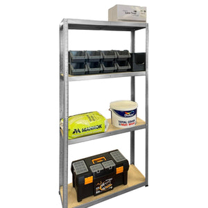 RackZone Economy Shelving 1760h x 900w x 300d with bins, toolbox, bags & bucket.