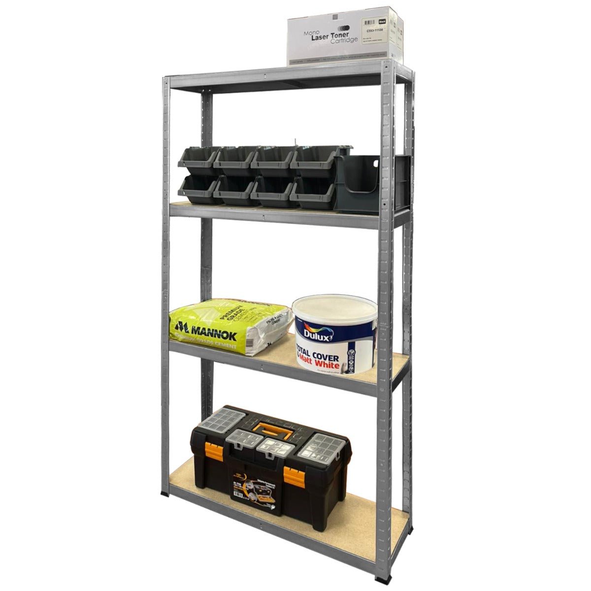 RackZone Economy 5-shelf unit with bins, bags, paint, and toolbox storage.