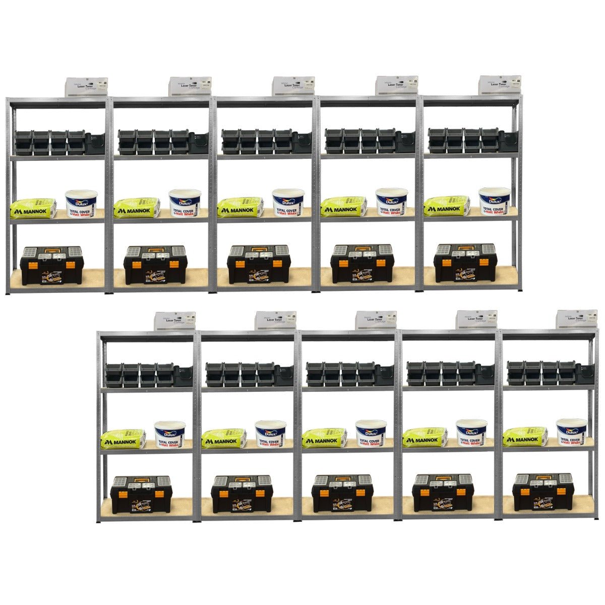 RackZone Economy Shelving 5 Level holds toolboxes, bins & containers.