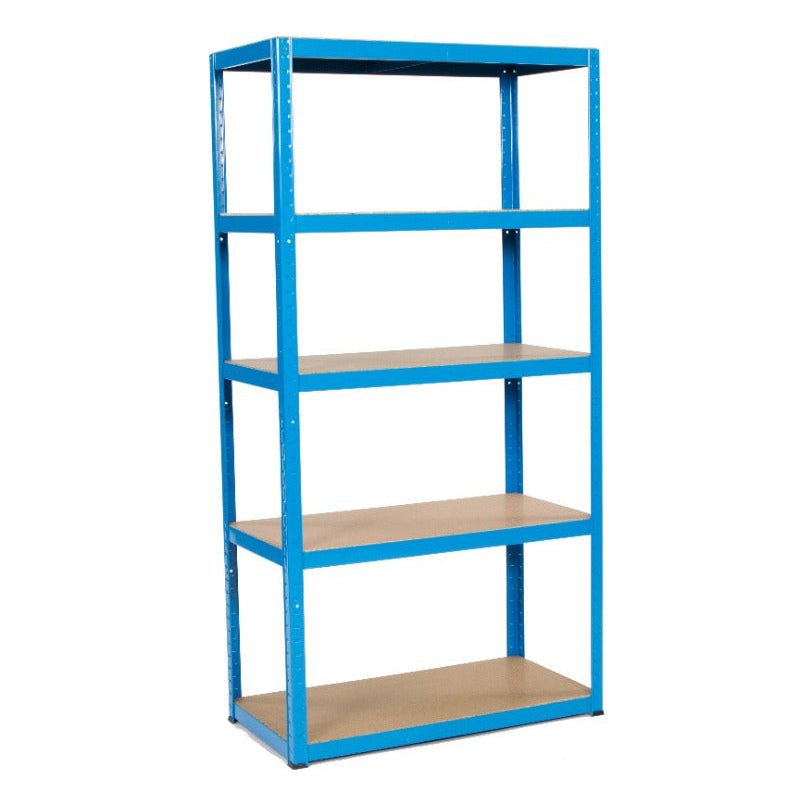 RackZone Value Shelving, 5 level, blue, 1780h x 900w x 450d, empty and upright.