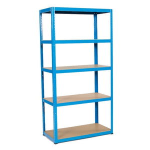 RackZone Value Shelving, 5 level, blue, 1780h x 900w x 450d, empty and upright.