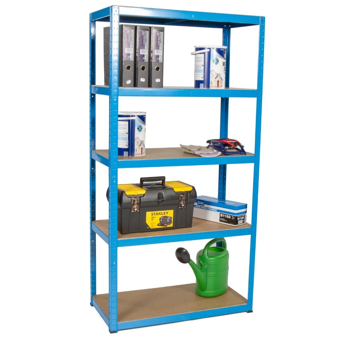 RackZone Value Shelving 1780h Blue, 5 Level, stocked with office supplies and tools.