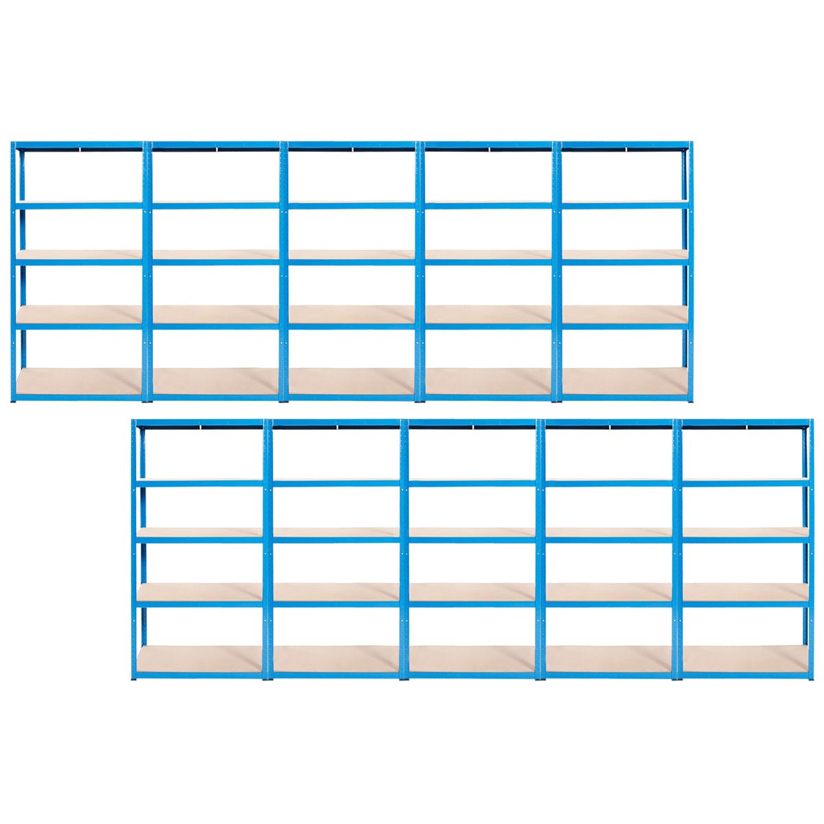 Two RackZone blue Value Shelving units, each with five wooden shelves.