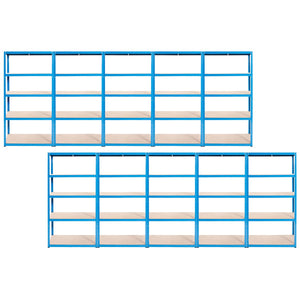Two RackZone blue Value Shelving units, each with five wooden shelves.
