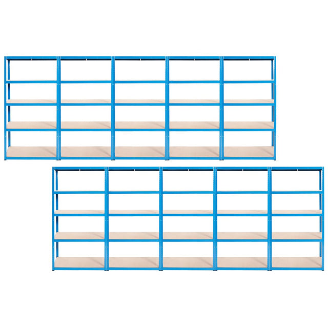 Two RackZone blue Value Shelving units, each with five wooden shelves.