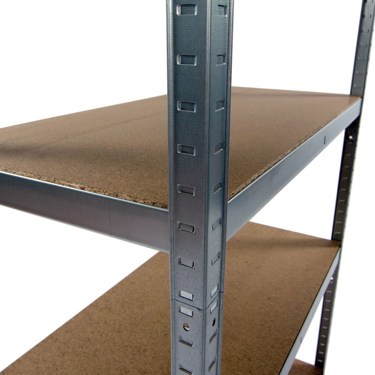 Close-up of RackZone Value Shelving 1780h with 5 brown particle board shelves.