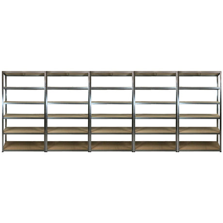 Six RackZone Value Shelving 5 Bay units, 175kg UDL, empty and aligned.