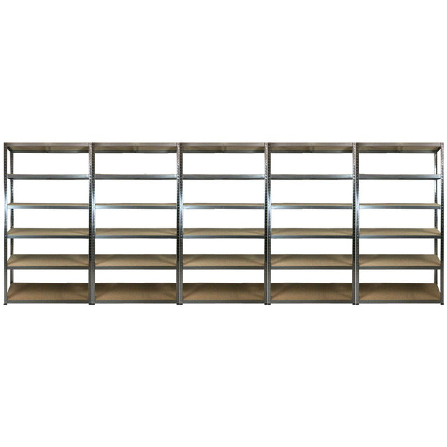 Six RackZone Value Shelving 5 Bay units, 175kg UDL, empty and aligned.