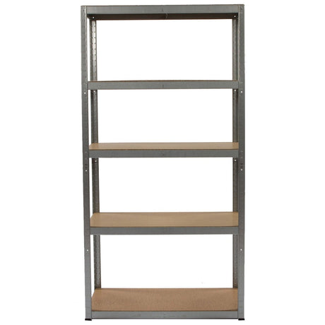 RackZone Value Shelving, 5 wooden shelves, front view, 1780h x 900w x 450d.