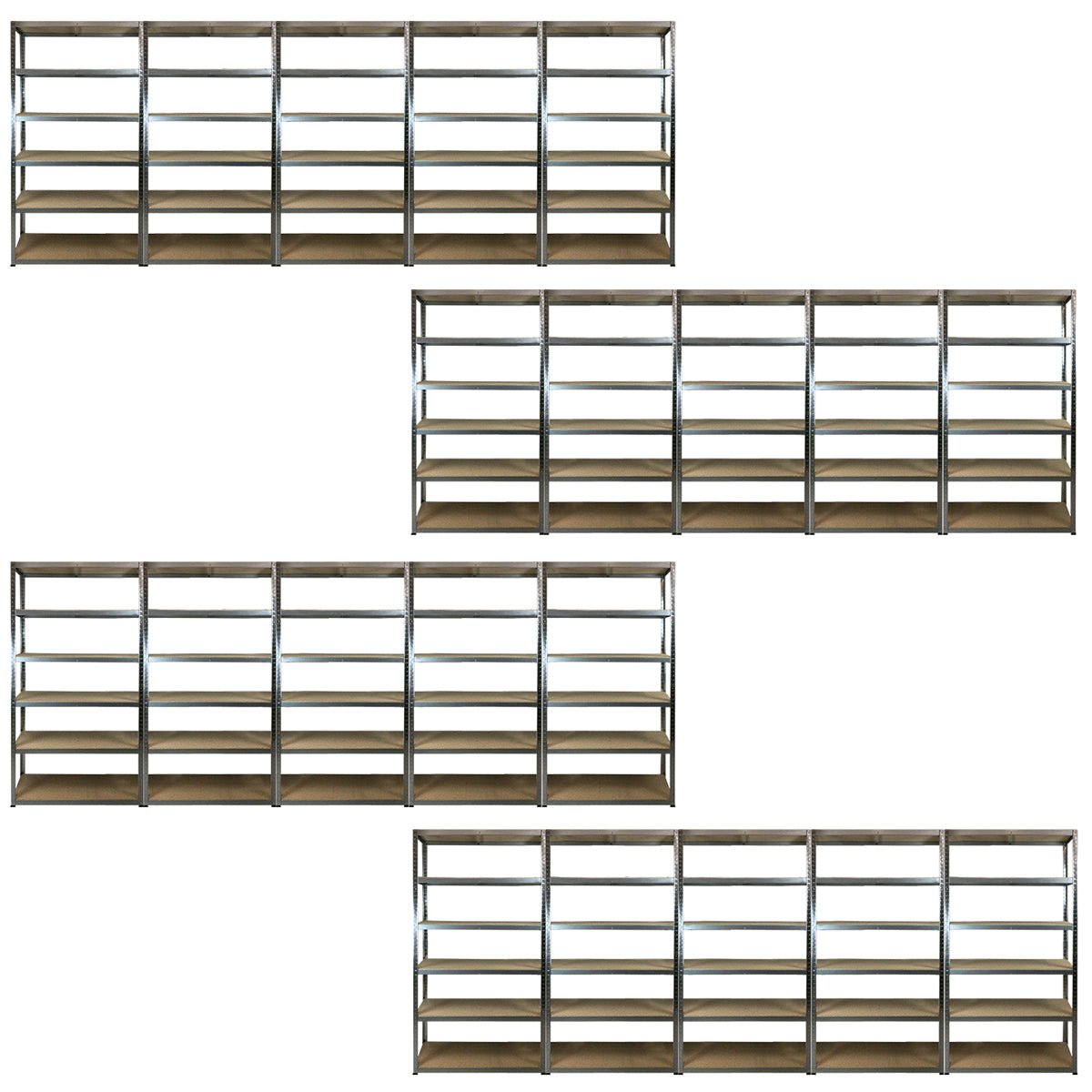 Four RackZone 20 BAY SPECIAL boltless shelves, 5 tiers each, front view.