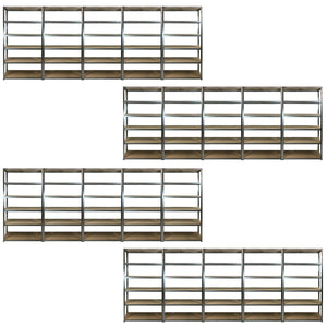 Four RackZone 20 BAY SPECIAL boltless shelves, 5 tiers each, front view.