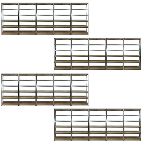 Four RackZone 20 BAY SPECIAL boltless shelves, 5 tiers each, front view.
