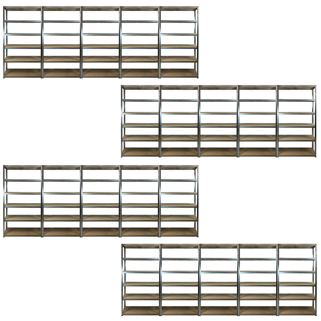 Four RackZone 20 BAY SPECIAL boltless shelves, 5 tiers each, front view.