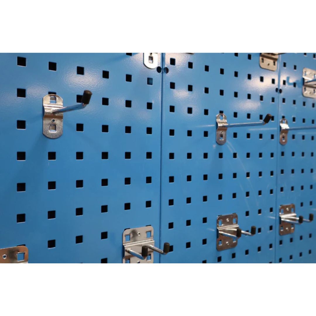 RackZone Wall-Zone Organiser 900x900mm with 28 hooks for garage tool storage.