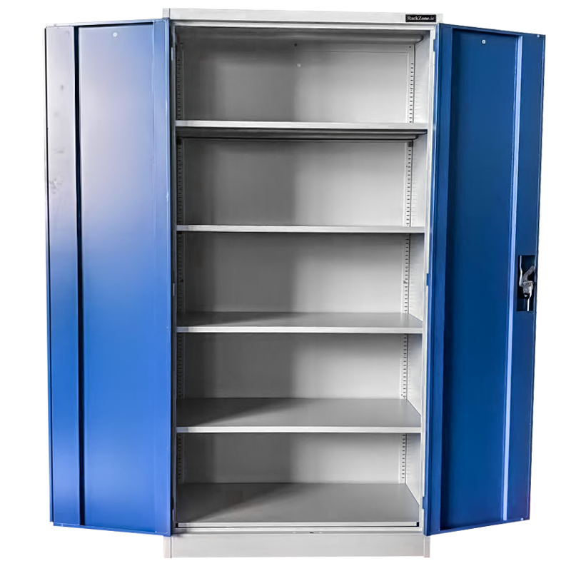 RackZone Two Door Storage Cabinet, 1830H x 914W x 457D, five adjustable shelves.