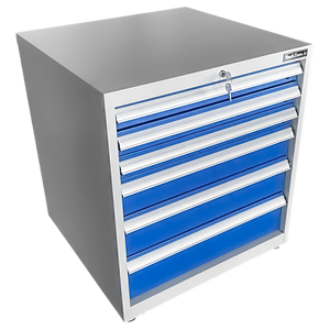 RackZone Industrial Six Drawer Cabinet with locking doors and blue drawers.