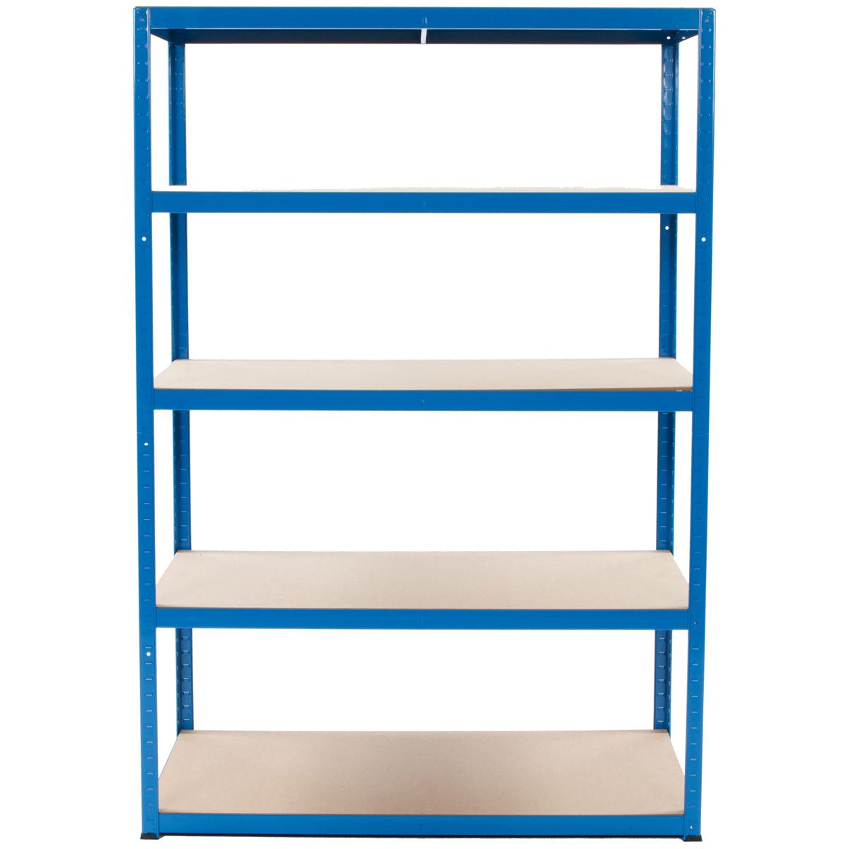 RackZone Value Shelving 1780h x1200w x600d, 5 beige shelves, blue frame, front view.