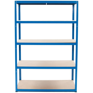 RackZone Value Shelving 1780h x1200w x600d, 5 beige shelves, blue frame, front view.