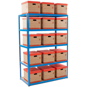 RackZone Value Shelving blue holds fifteen brown boxes with red lids.