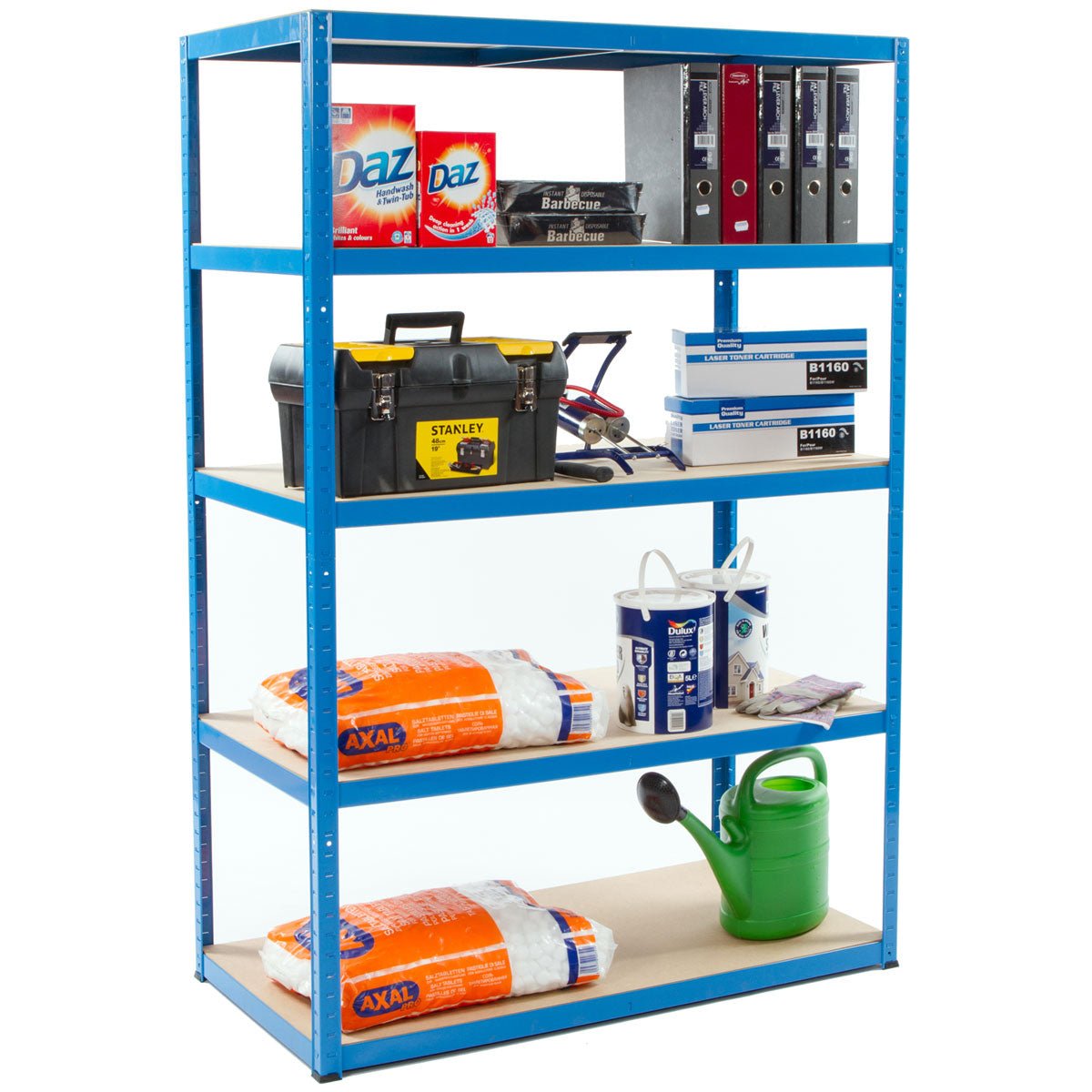 RackZone Value Shelving 5 Level Blue stores cleaning products, files, tools, supplies.
