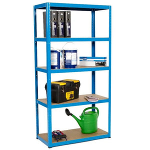 RackZone Value Shelving 1780h x 900w x 450d holds cans, binders, and a watering can.