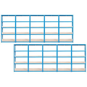 Two RackZone Value Shelving units, blue, 5 shelves each, side by side.
