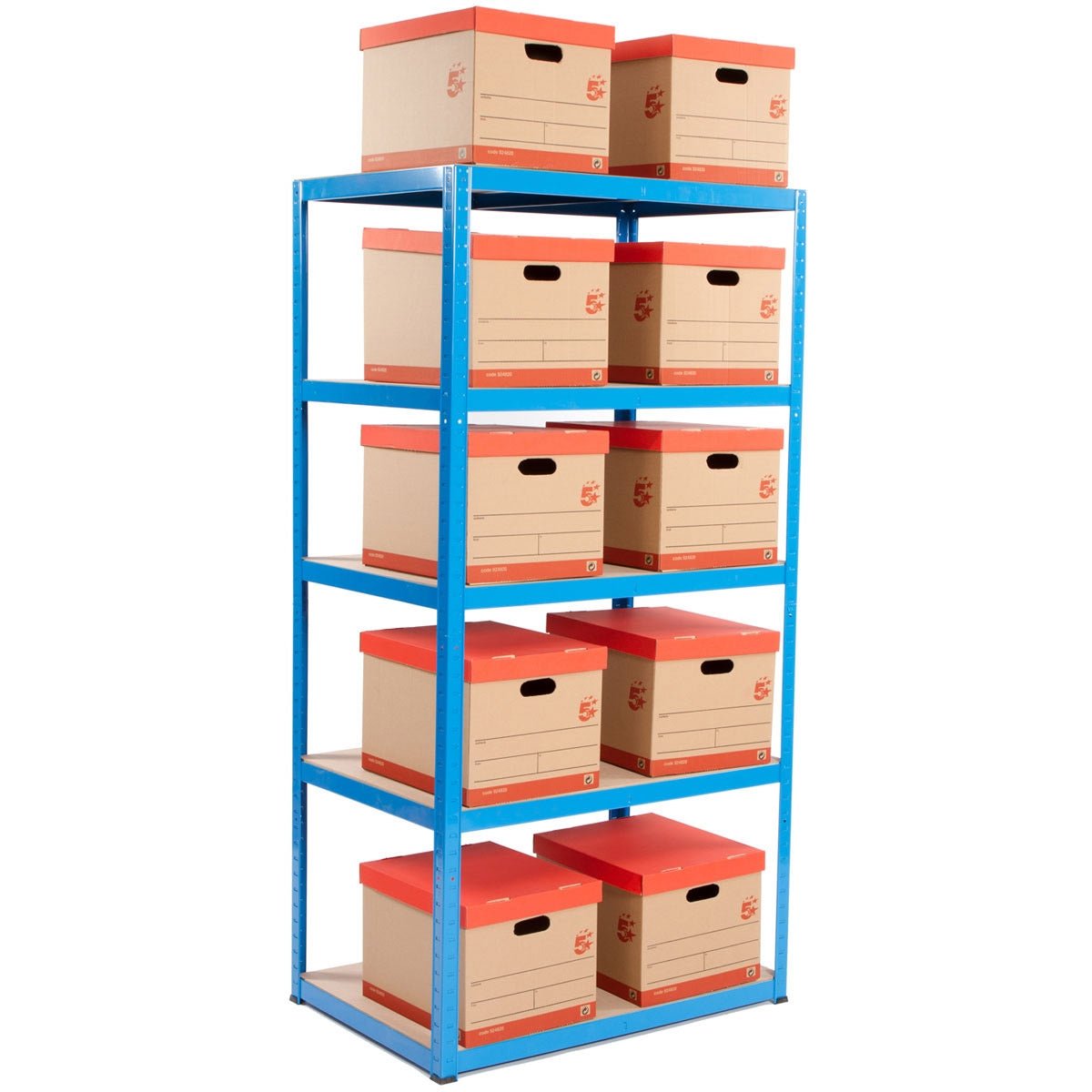 A RackZone Value Shelving unit holds eleven brown and red storage boxes.
