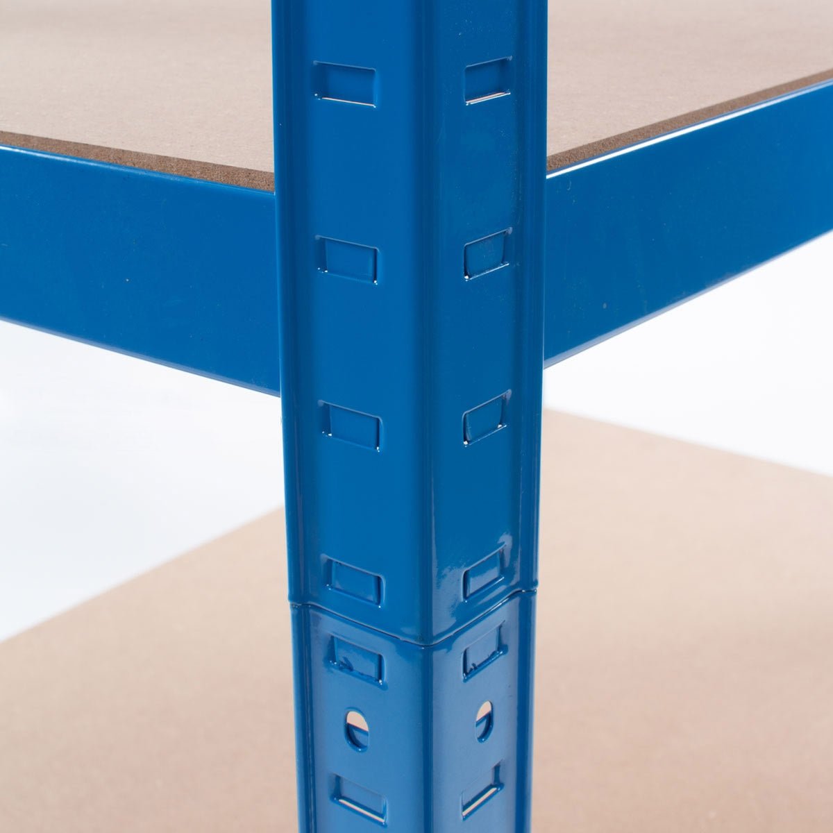 Close-up of RackZone Value Shelving 1780h blue frame with wooden shelves.