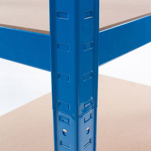 Close-up of RackZone Value Shelving 1780h blue frame with wooden shelves.