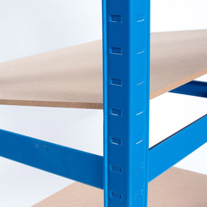 RackZone Value Shelving 1780h x 900w x 600d, 5 Level, Blue with wooden shelves.