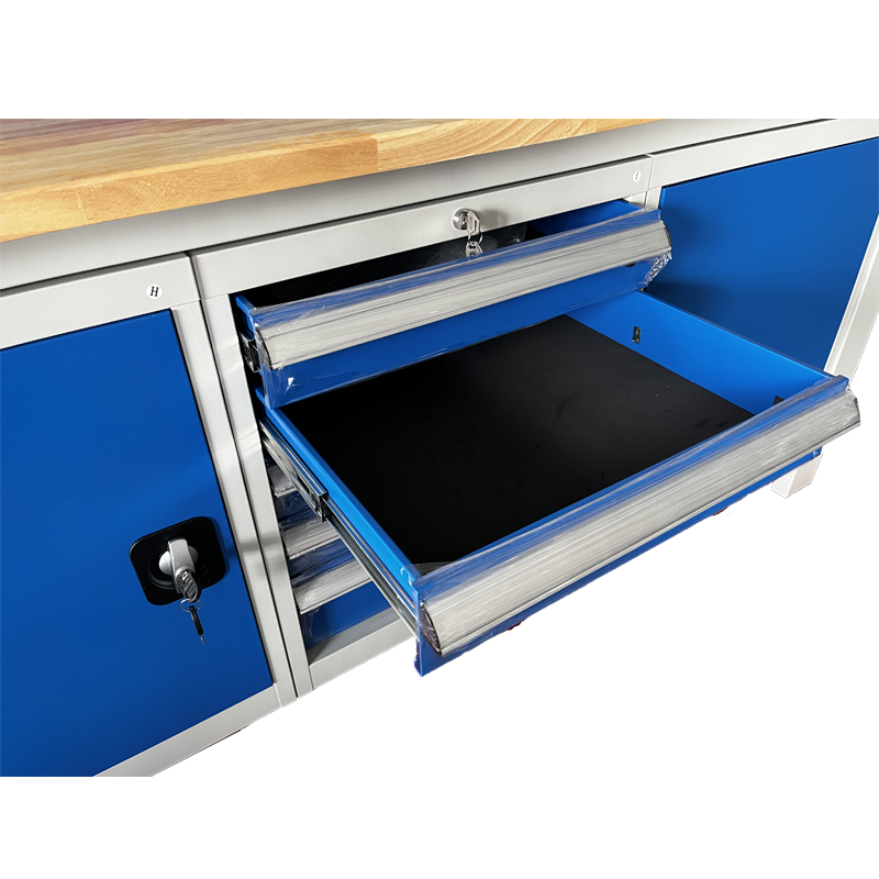 RackZone Industrial Workbench Grey/Blue, 2000H x 2100W x 600D, open drawer.