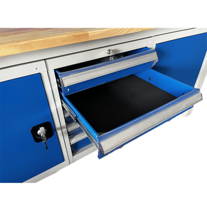 RackZone Industrial Workbench Grey/Blue, 2000H x 2100W x 600D, open drawer.