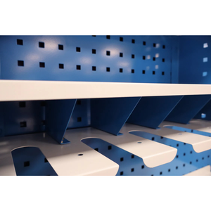 Close-up of RackZone Peg Tool Organiser, 4 Drill Shelf with white dividers.